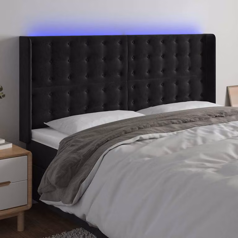 vidaXL Testiera per Letto in Velluto Nero con Illuminazione LED e Porte USB, L: 163 cm, P: 16 cm, H: 118 cm