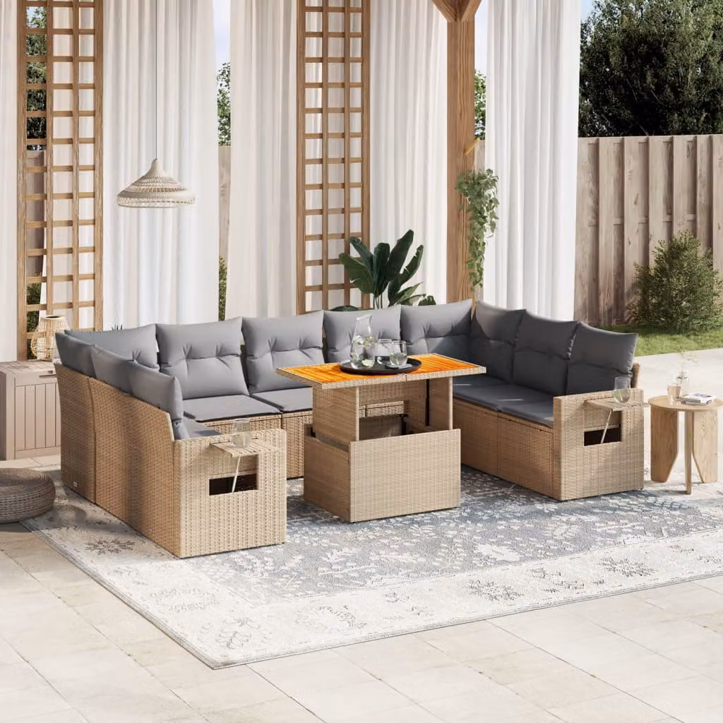 vidaXL Set Divano da Giardino 10 pz in Polyrattan con Cuscini Beige e Grigio e Tavolino da Esterno – 1