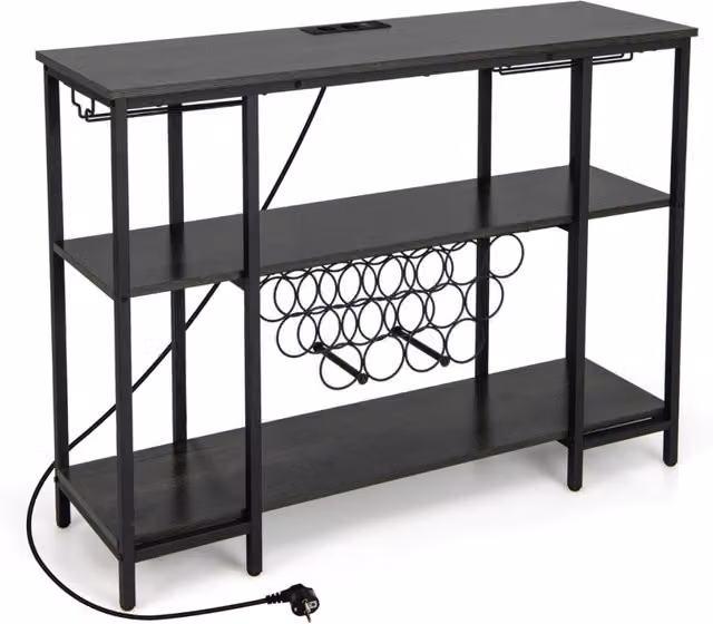 Mobile bar vino con 3 ripiani porta calici porte USB e prese struttura in metallo, Portabottiglie industriale Grigio scuro-Mobili porta liquori
