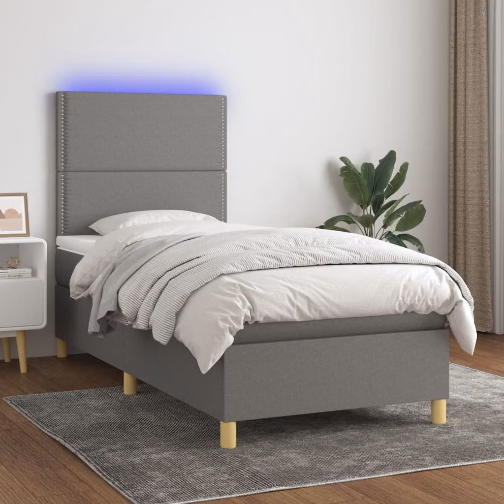 The Living Store Letto a molle con materasso e LED in tessuto grigio scuro 100x200 cm