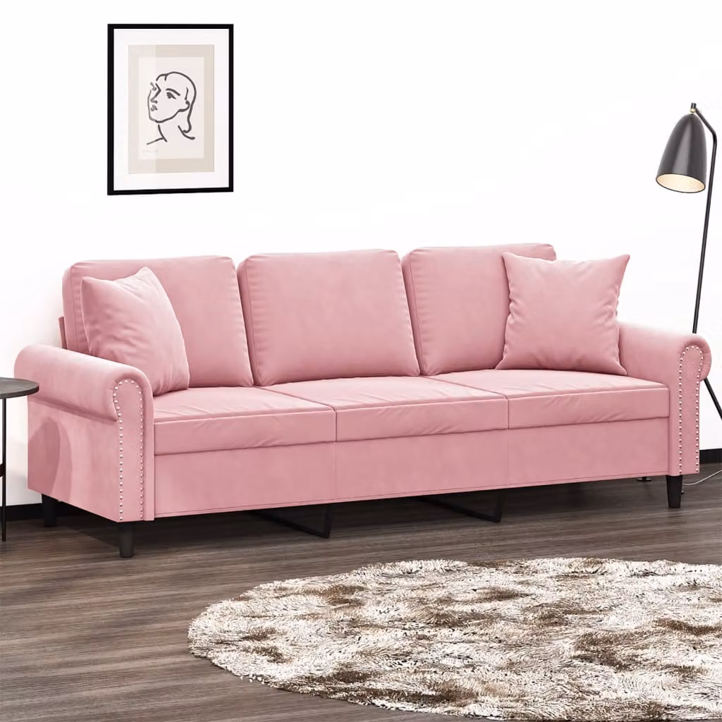 vidaXL Divano a 3 Posti Moderno in Velluto Rosa con Cuscini e Struttura in Metallo