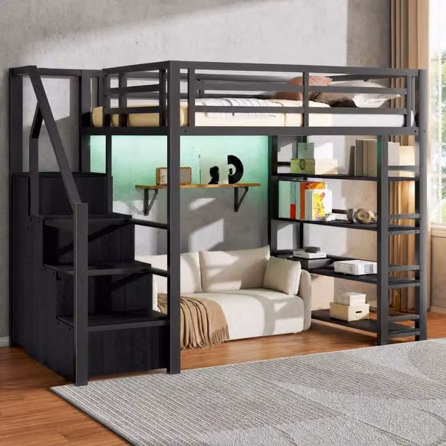 Letto a soppalco 140x200 cm con armadio; scaffale; scala contenitore e LED; nero