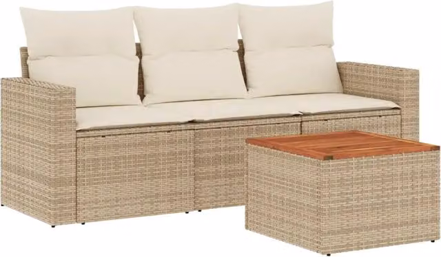 Set Divano da Giardino 4 pz | Set Salotto da Giardino con Cuscini Beige in Polyrattan