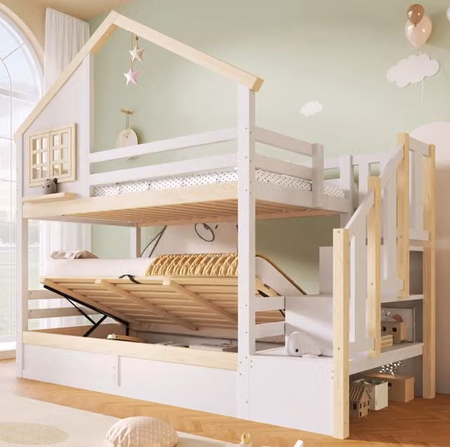 Letto a castello 90x200 cm con vano contenitore idraulico; barriera di sicurezza; bianco e naturale