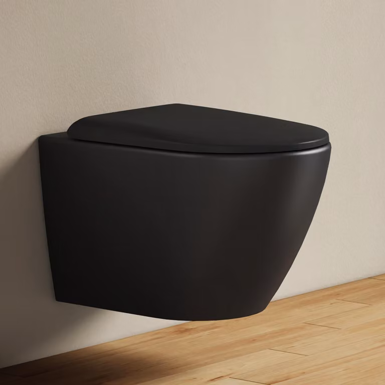 EMKE WC sospeso in ceramica senza bordo WC sospeso a risparmio idrico con scarico diretto Doppio foro di risciacquo Coperchio con chiusura morbida Nero opaco