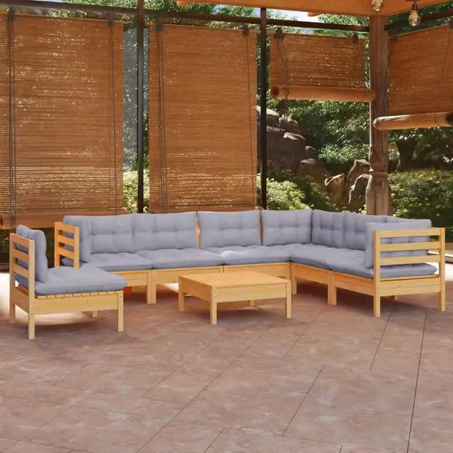Set Divani da Giardino 8 pz con Cuscini Grigi Massello di Pino 3096724