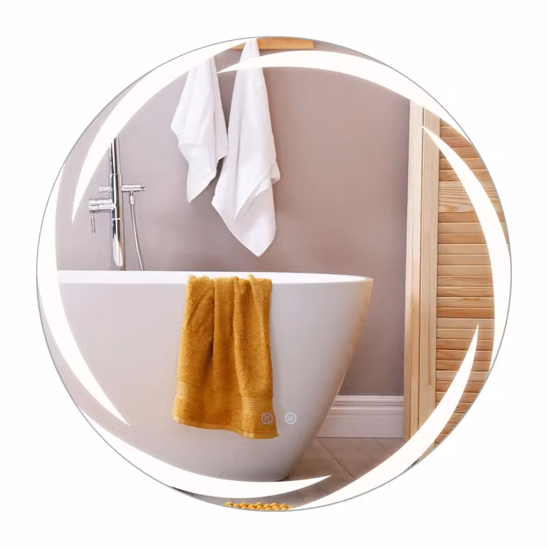 Specchio da bagno rotondo DESIGN IN con LED dimmerabile e funzione anti-appannamento, vetro temperato color argento, Diametro: 80 cm