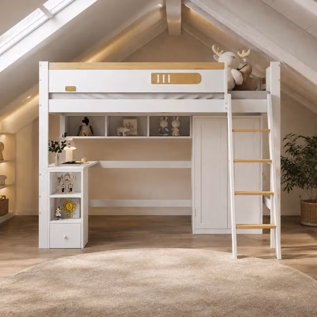 Letto a castello 90x200 cm con scrivania; armadio e ripiani aperti; bianco e naturale