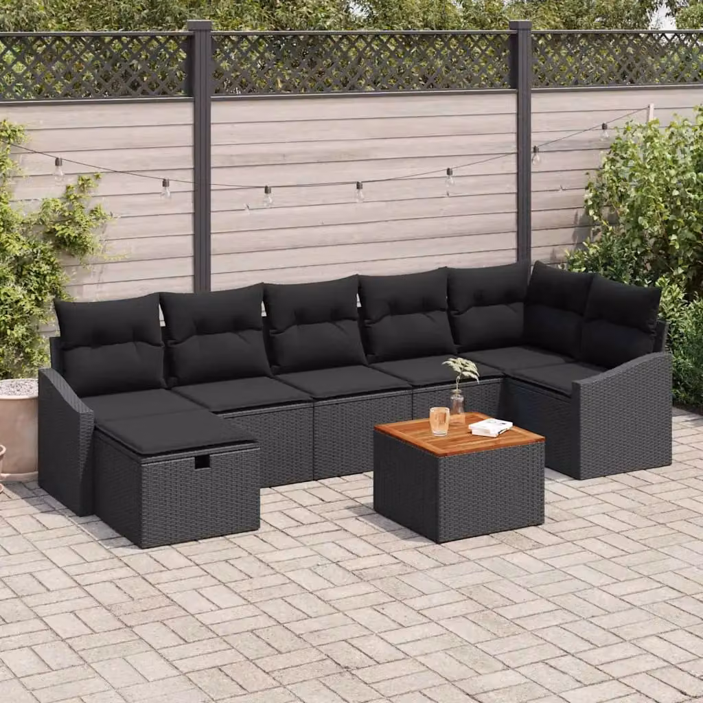 vidaXL Set Divano da Giardino a L con 8 Pezzi, Nero, con Cuscini e Tavolino, Struttura in Acciaio e Rattan – 1