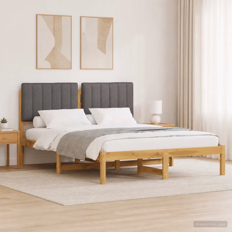 Letto con testiera rivestita vidaXL in legno di acacia e tessuto, Bianco lavato e Grigio chiaro, L/P/H: 120 x 200 x 85 cm