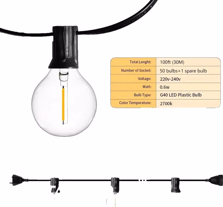 Catena luminosa da giardino G40 per esterni, 2700K bianco caldo, lampade in plastica, impermeabile, 100FT 30M, spina UE