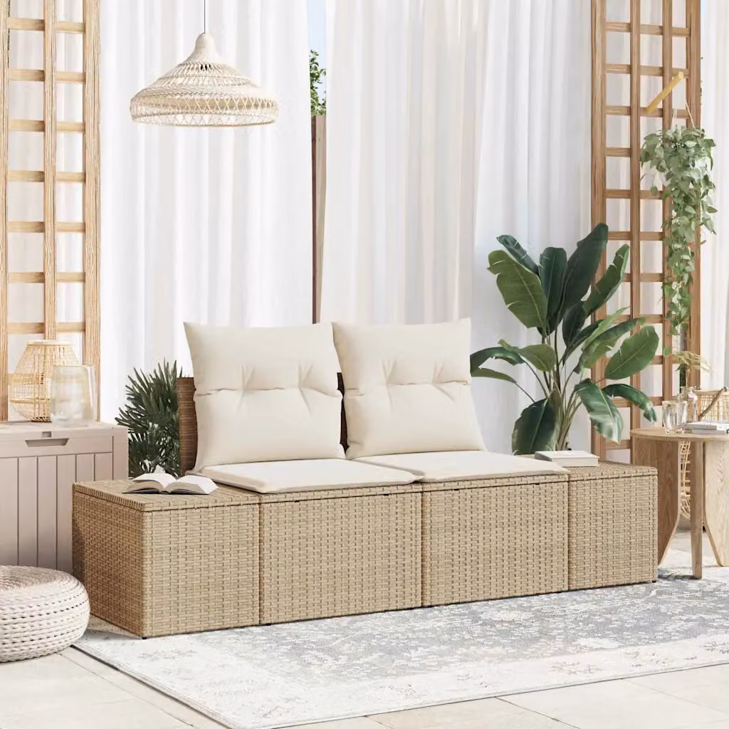 Divano da giardino vidaXL in polyrattan beige con cuscini e struttura in metallo L: 184 cm, P: 62 cm, H: 69 cm
