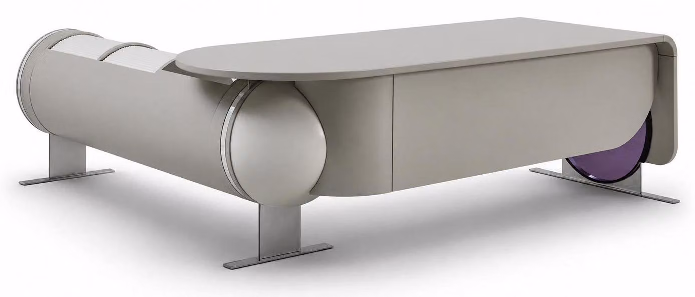 Scrivania angolare, grande, comoda, spaziosa, color beige, stile moderno