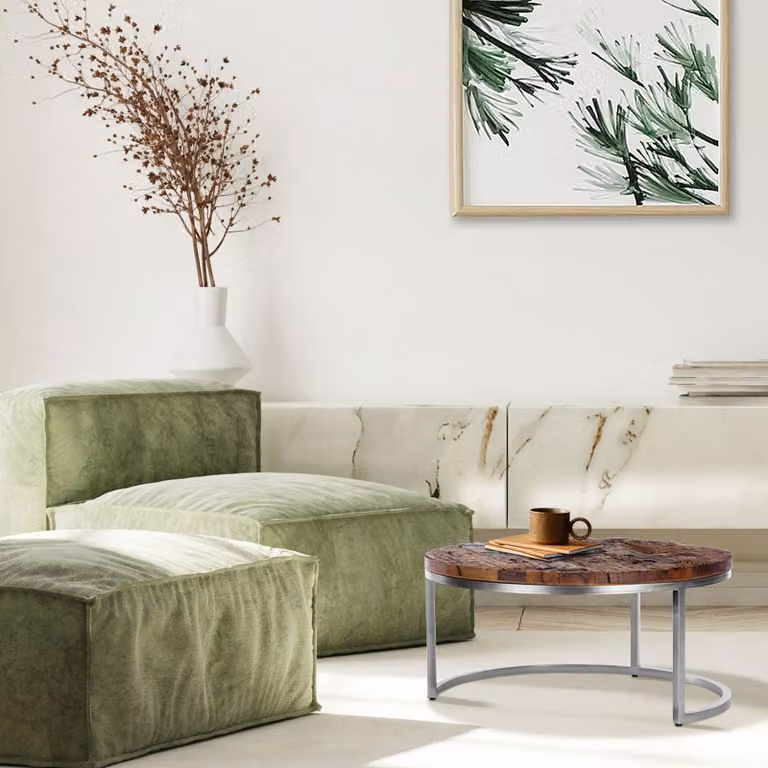 Tavolino WOMO-DESIGN Surabaya Ø 70x35cm, rotondo, fatto a mano, legno massiccio, legno d'acacia, finitura naturale/nickel