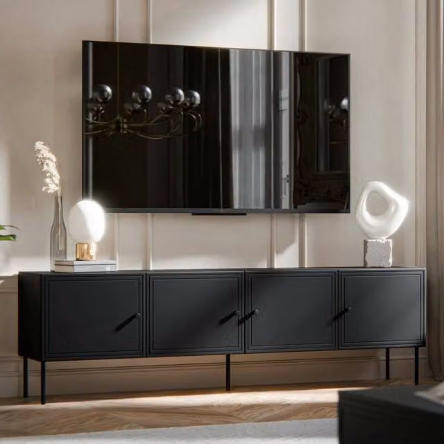 Mobile porta TV Piode DMORA, Madia da salotto moderna con quattro ante battenti in MDF nero opaco, L: 201 cm, P: 40 cm, H: 60 cm