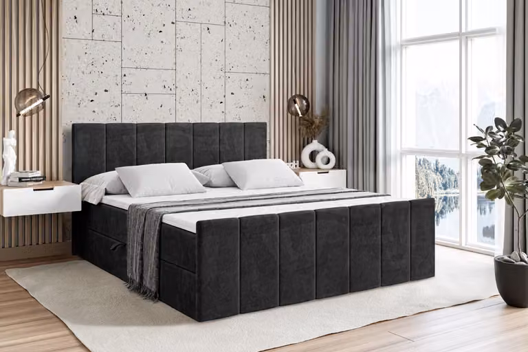 Letto boxspring ALTDECOR con pediera, materasso H4 e topper - 140x200 cm - MOETI-Z - Velluto nero - Letto imbottito con contenitore e rete a doghe, letto con spazio contenitivo