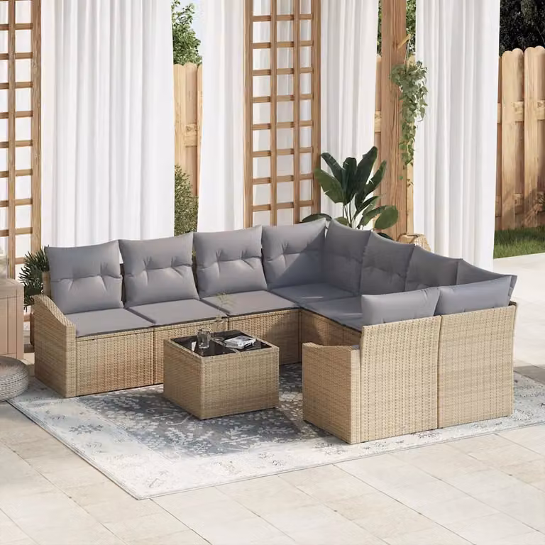 Set di divani da giardino vidaXL a forma di U in polyrattan, 9 pezzi, Beige e Grigio Chiaro