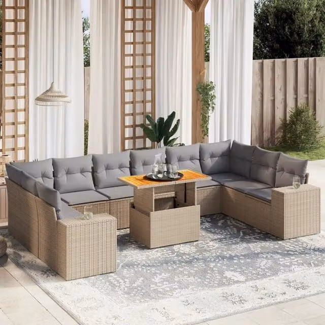 Set di divani da giardino VIDAXL in polyrattan con cuscini beige, composizione a L da 11 pezzi