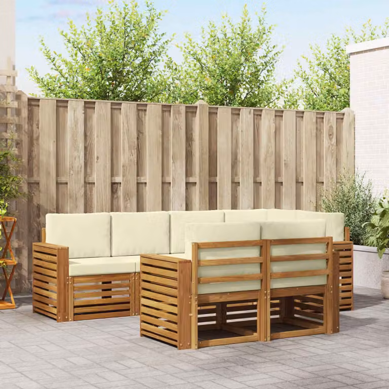 Set di divani da esterno vidaXL 7 pz a forma di L in legno di acacia con cuscini beige e bianchi in poliestere resistente ai raggi UV