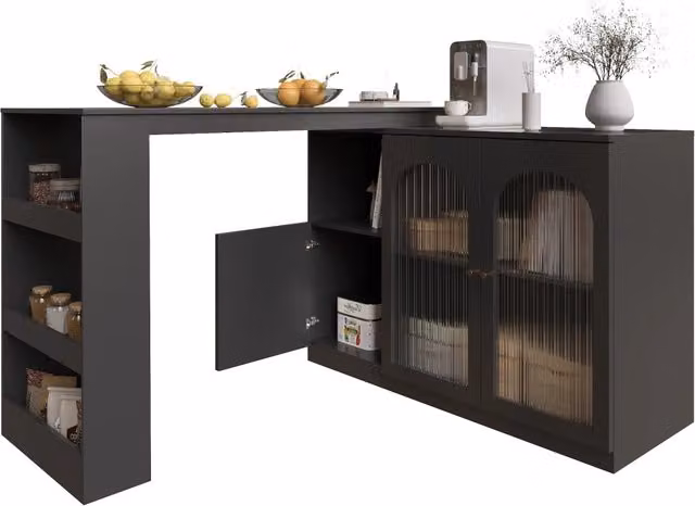 Mobile Bar Moderno con Top Girevole e Ante in Vetro, Nero, L: 120 cm, P: 50,1 cm, H: 97 cm – 1