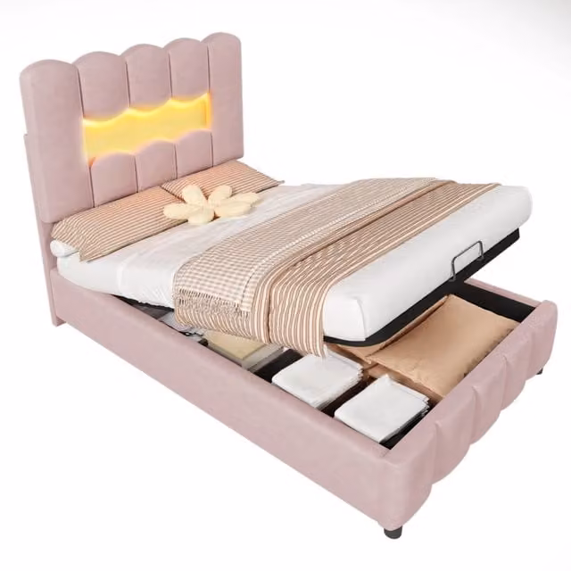 Letto contenitore singolo moderno in velluto rosa con illuminazione LED sottostante e testiera regolabile, L/P/H: 203 x 90 x 109 cm, senza materasso