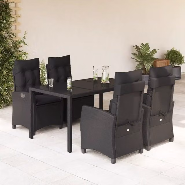 Set da pranzo da giardino vidaXL in polyrattan nero con tavolo in vetro e 5 sedie con cuscini