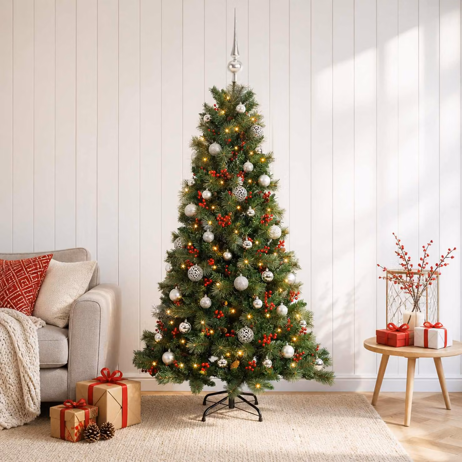 Albero di Natale artificiale verde vidaXL con 150 LED luce bianca calda e decorazioni con palline, altezza: 150 cm