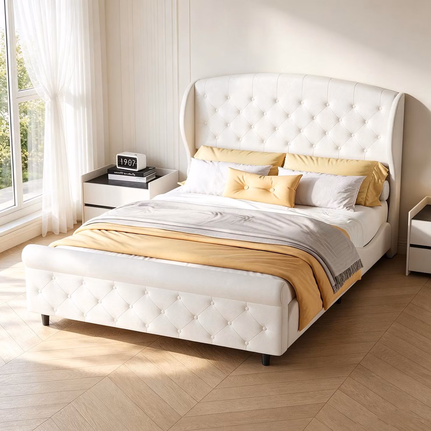 Letto imbottito matrimoniale INONEFT, 140x200 cm, con struttura a molle e rete a doghe. Letto per giovani, elegante, rivestito in tessuto con testiera, in velluto, color beige