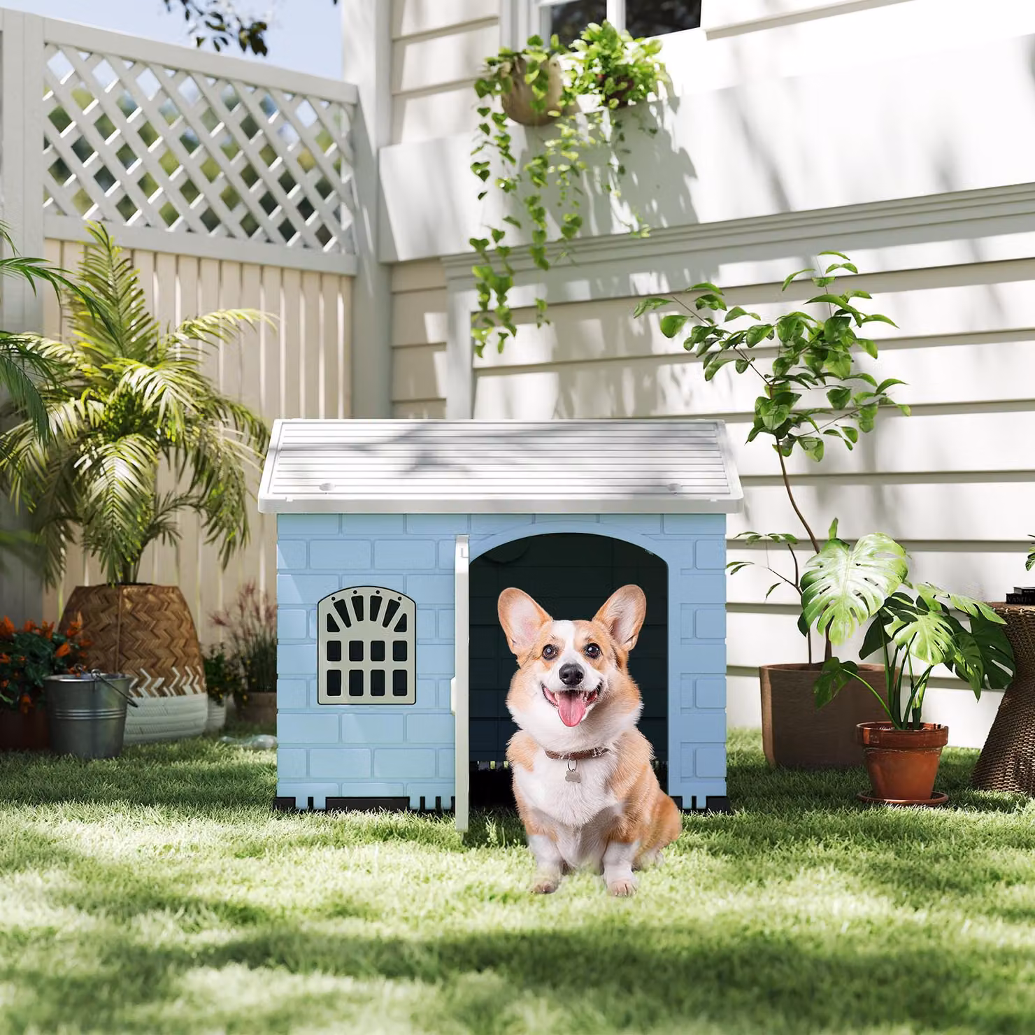 COSTWAY 75x58x65 cm cuccia per cani da esterno, casetta per cani resistente alle intemperie con tetto a capanna, porta con serratura e 3 finestre, casetta per animali, gabbia per cani da interno blu