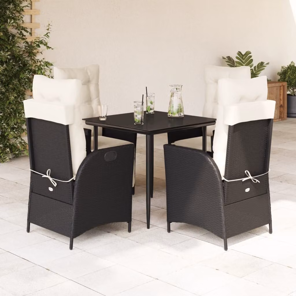Set da Pranzo da Giardino vidaXL in Polyrattan Nero con Cuscini e Tavolo in Vetro