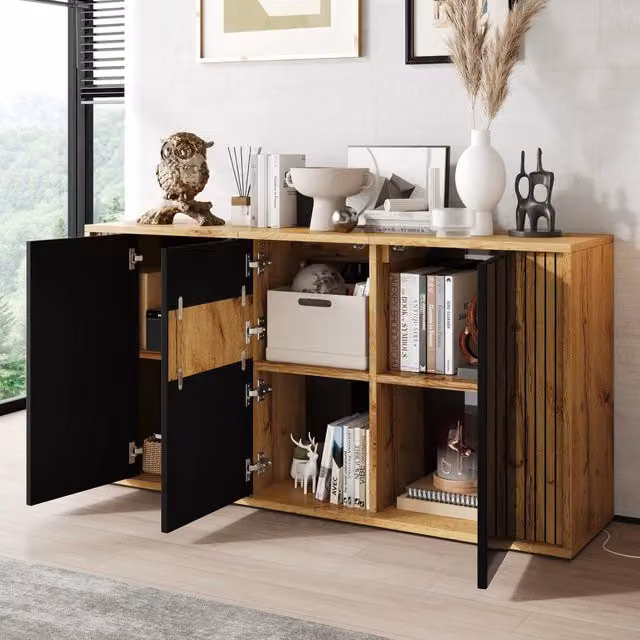 Desviae Credenza a 3 ante senza maniglie con apertura a pressione in MDF e pannello truciolare nero e legno 140 × 35 × 71 cm