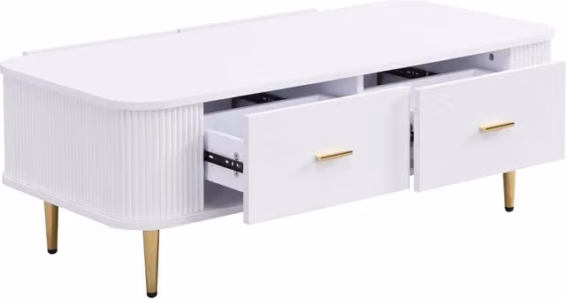 Tavolino da salotto bianco con cassetti, angoli arrotondati e dettagli dorati, 105x51x38 cm
