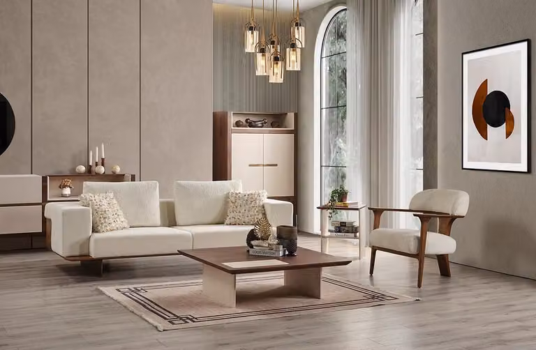 Modern Weiß Sofagarnitur 3 1 Sitzer Textil Holz Sessel Komplett Set