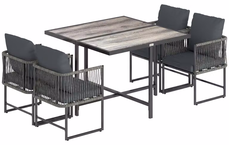 Set da giardino in rattan sintetico composto da 5 pezzi: un tavolo e 4 sedie. Colore: grigio. Dimensioni: 108x108x72,5 cm
