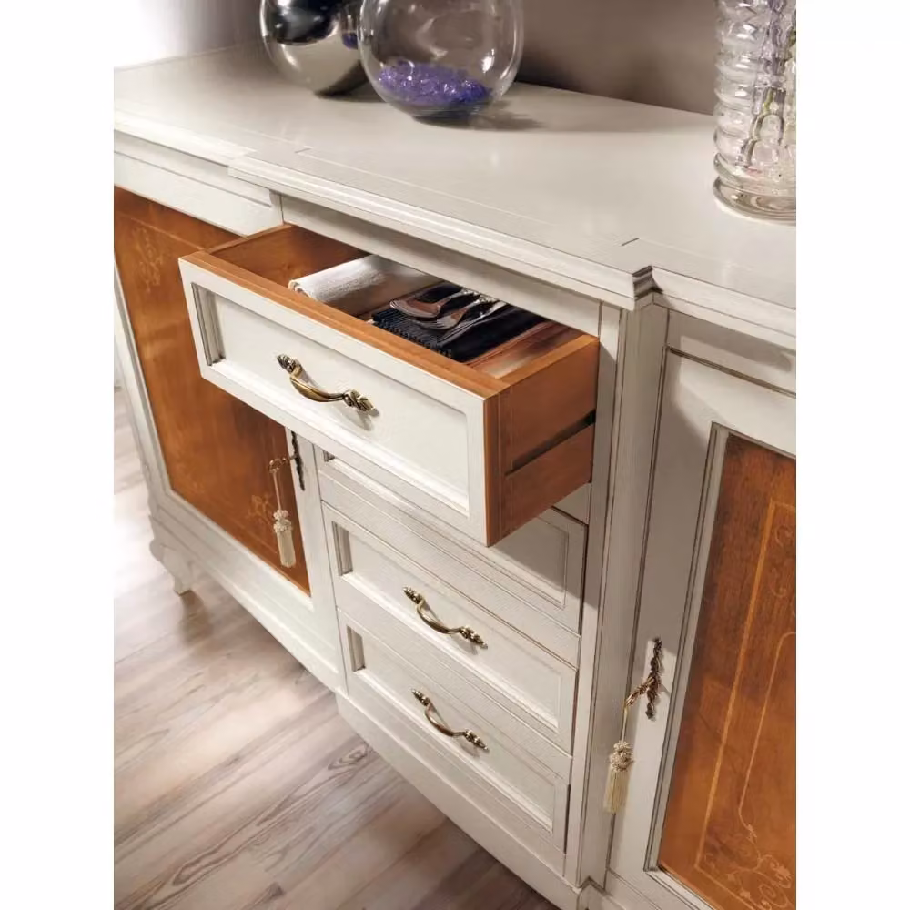 Credenza classica Mobili 2G con 2 porte e 4 cassetti in legno bicolore bianco e marrone L: 200 cm, P: 52 cm, H: 113 cm – 3