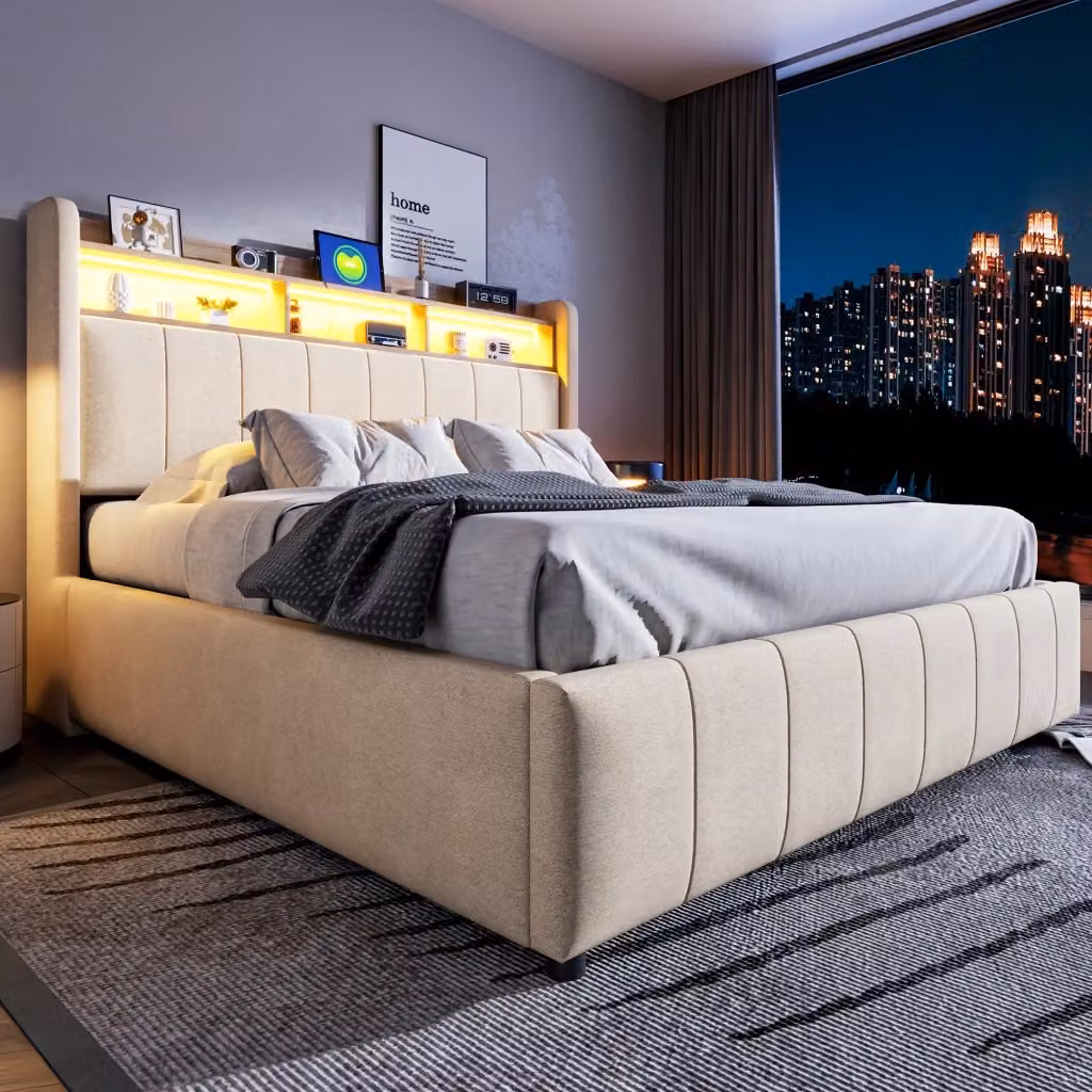 Letto contenitore Mivray imbottito in tessuto di lino beige con LED, porte USB e testiera con ripiani, L/P: 160 x 200 cm – 2