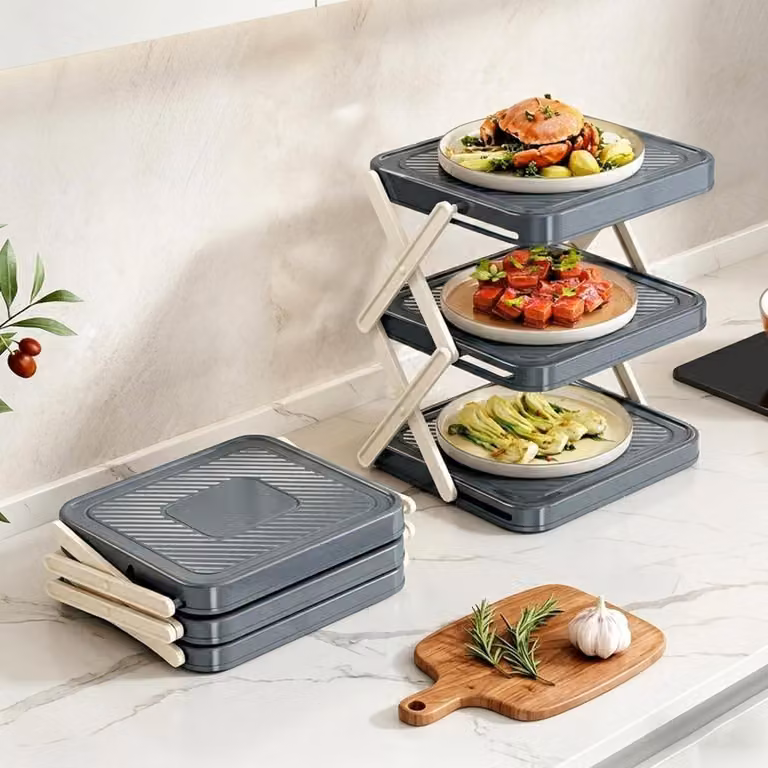 Porta piatti pieghevole, organizer a 3 ripiani
