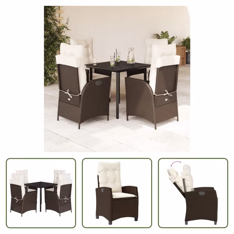 The Living Store Set da pranzo da giardino 5 pezzi con cuscini in polirattan marrone