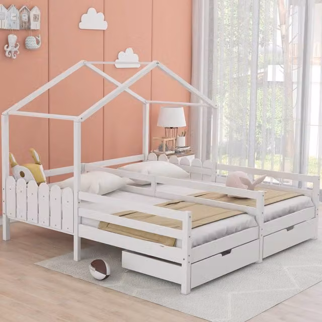Letto a casetta a 2 posti 200 × 90 cm, 2 cassetti e barriere, senza materasso, legno massiccio bianco