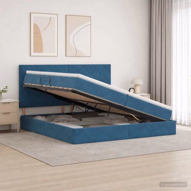 Letto moderno con contenitore vidaXL in tessuto blu con illuminazione sottostante e porta USB L/P/H: 200 x 200 x 140 cm – 1