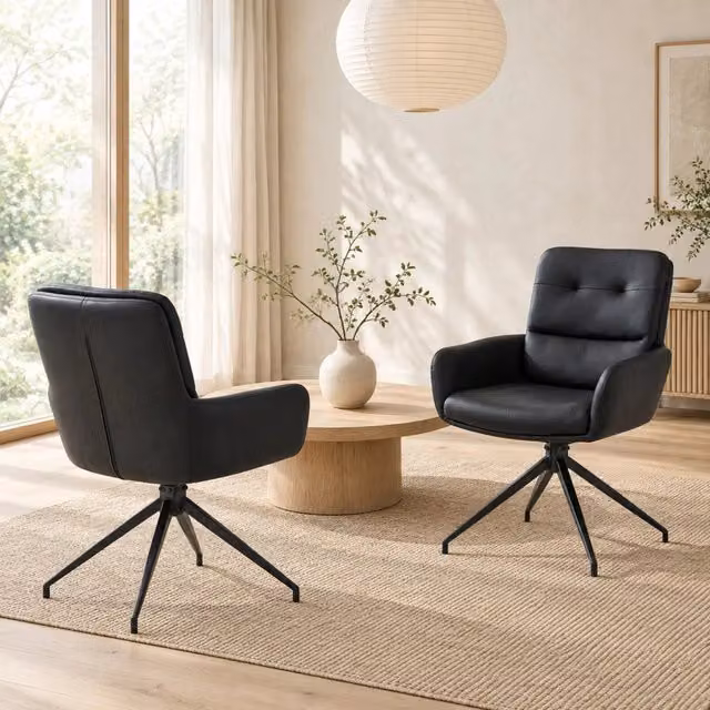 Set di 2 sedie da pranzo girevoli con rivestimento in PU nero e struttura metallica nera, altezza 85 cm