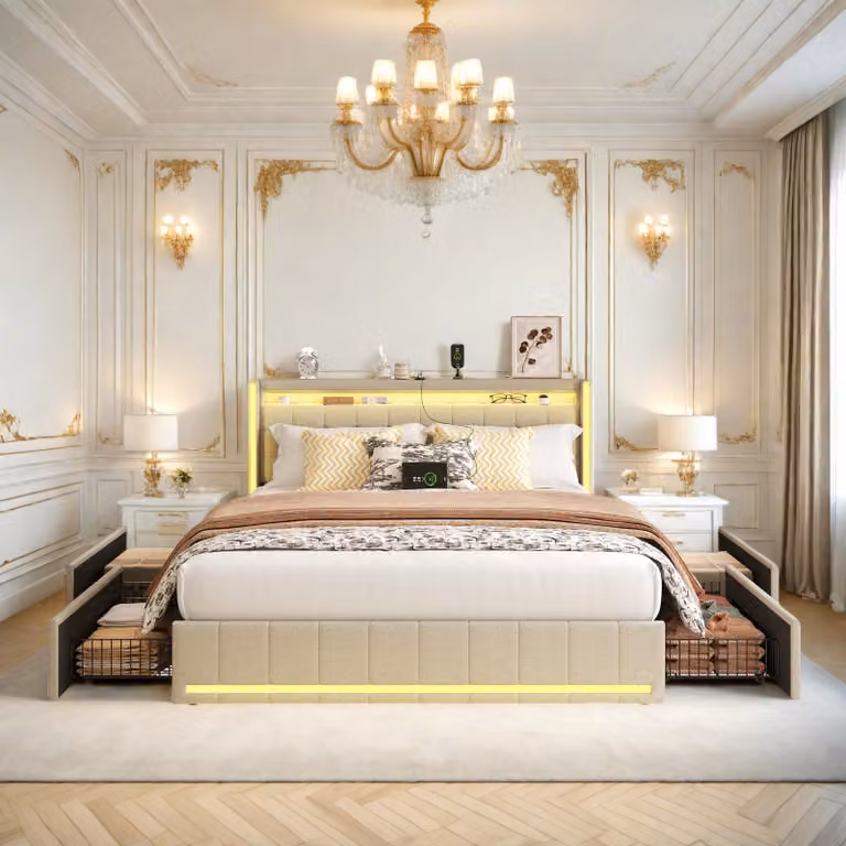 Letto matrimoniale 160x200 cm in lino beige - Testiera e pediera con LED, 4 cassetti in metallo, porte USB e Type-C