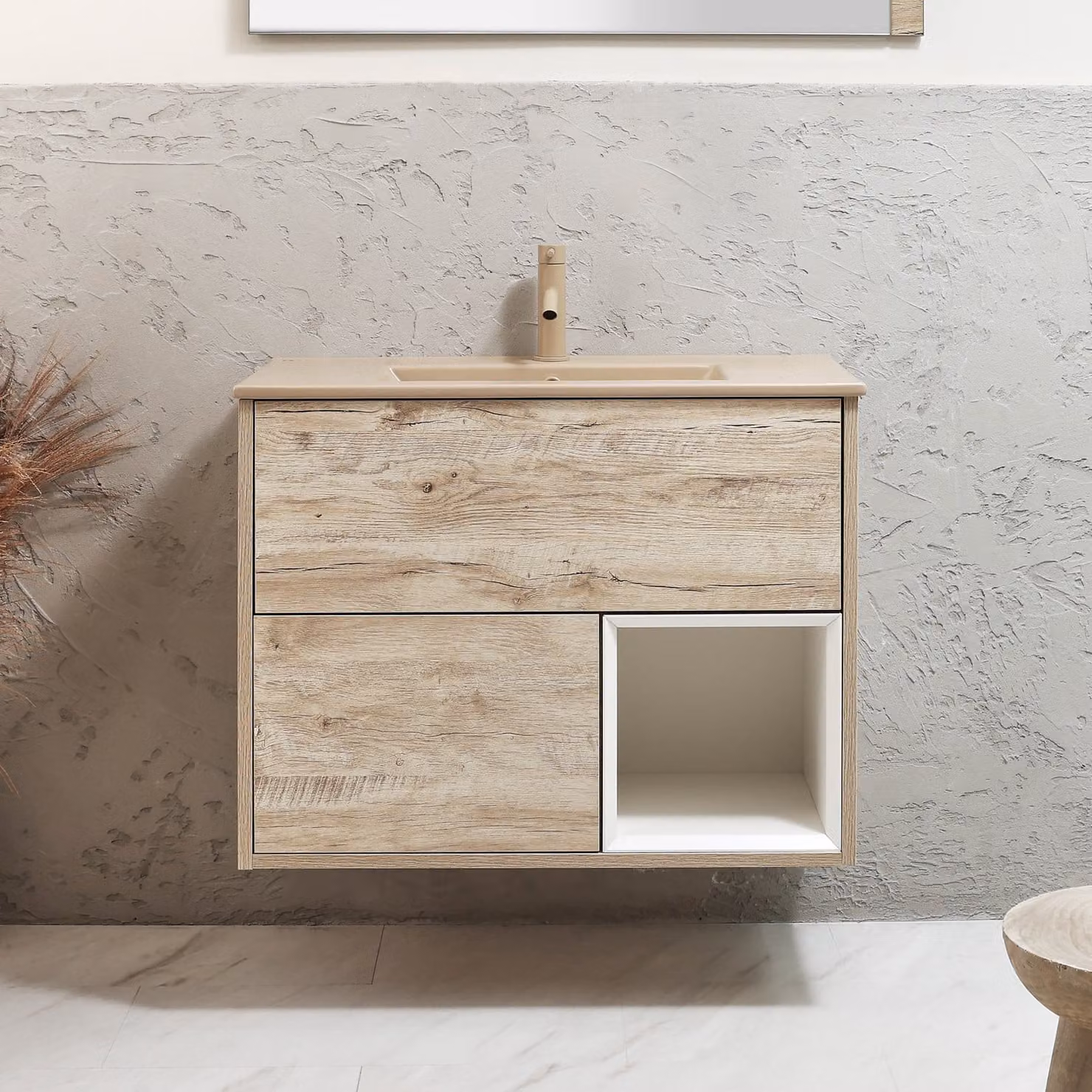 Mobile Bagno Sospeso Hoxton in Rovere con Lavabo Beige Sand e Luci LED con Sensore - L: 81,2 cm, P: 60 cm