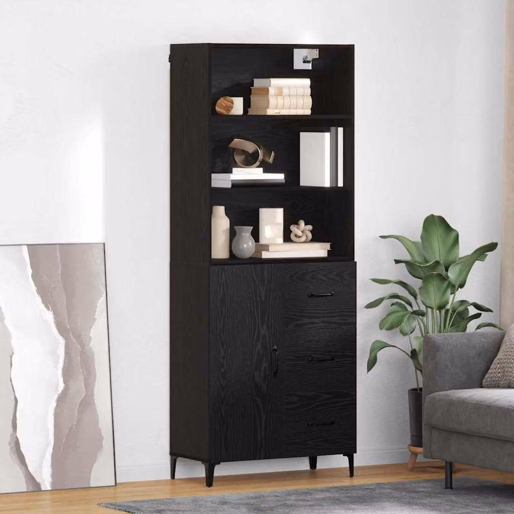 Credenza moderna vidaXL in legno ingegnerizzato e metallo, colore nero, L: 69,5 cm, P: 34 cm, H: 180 cm