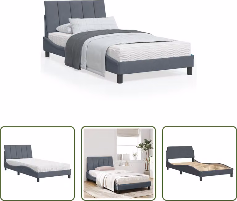 The Living Store Letto con materasso grigio scuro 100x200 cm in velluto