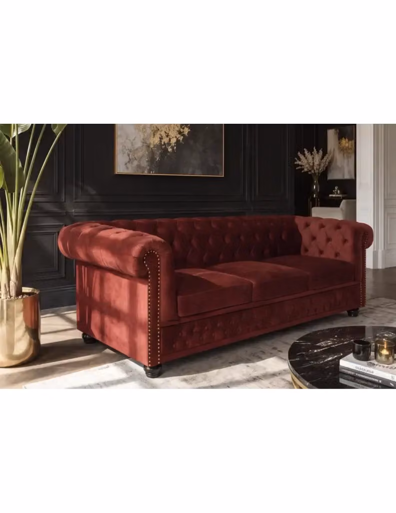 Divano Chesterfield EDGAR Meublorama a 3 posti in velluto capitonnato, colore rosso rubino, L: 205 cm, P: 72 cm, H: 85 cm – 2