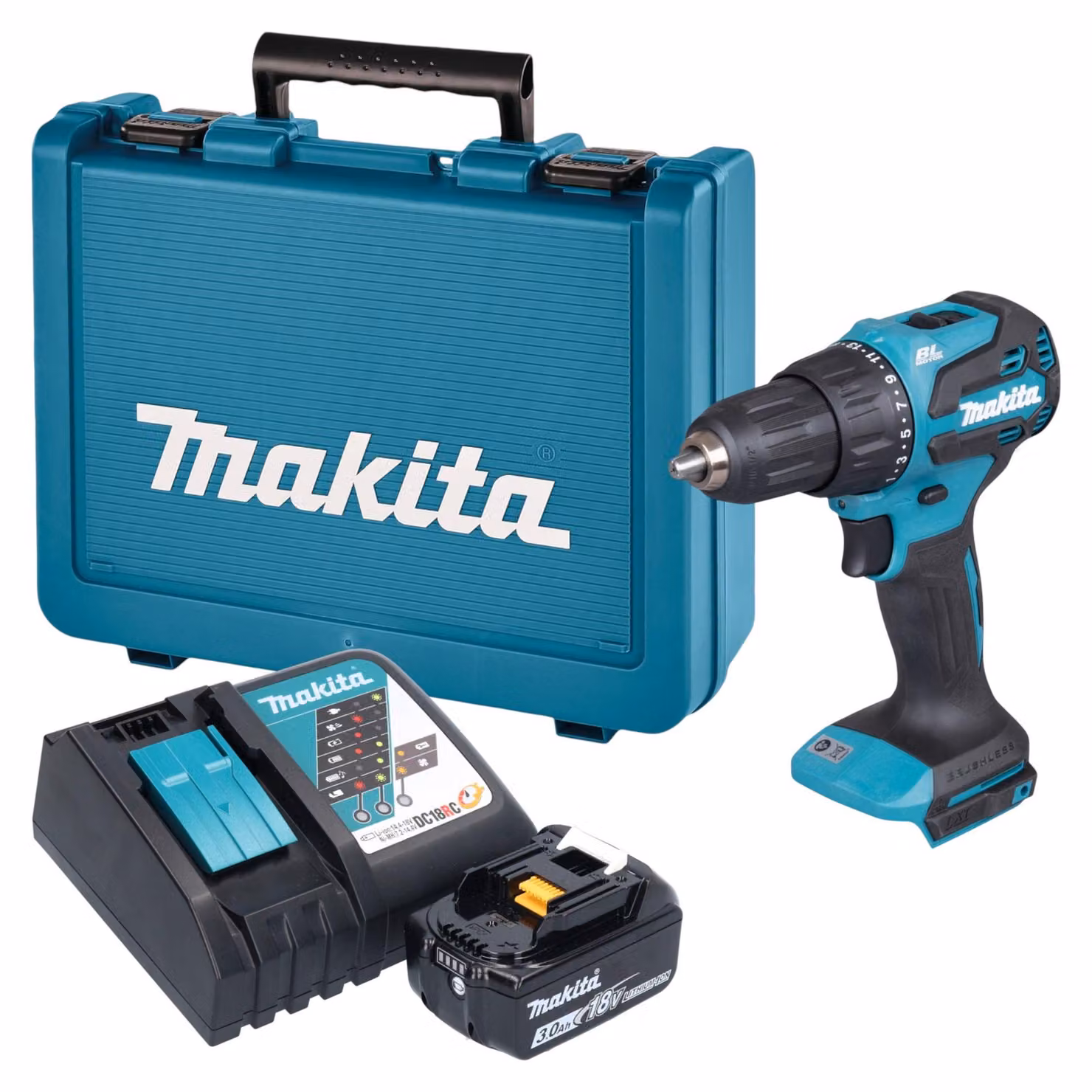 Makita DHP 490 RF1E Avvitatore a percussione a batteria 18 V 65 Nm Brushless + 1x batteria da 3,0 Ah + caricabatterie + valigetta