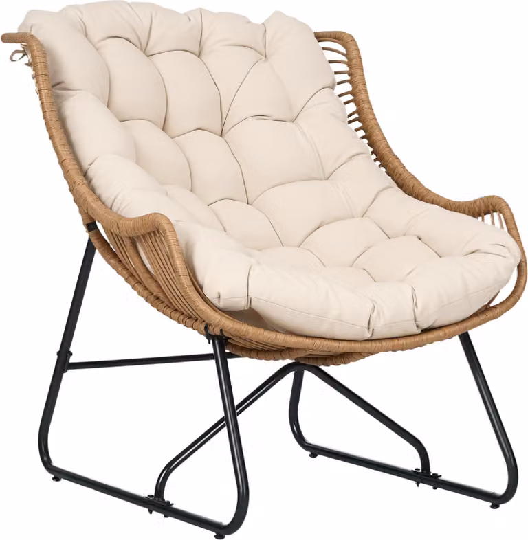 Lounge da giardino, effetto rattan, poltrona da esterno, con cuscino, struttura in metallo, 75x101x90 cm, naturale/kaki/nero