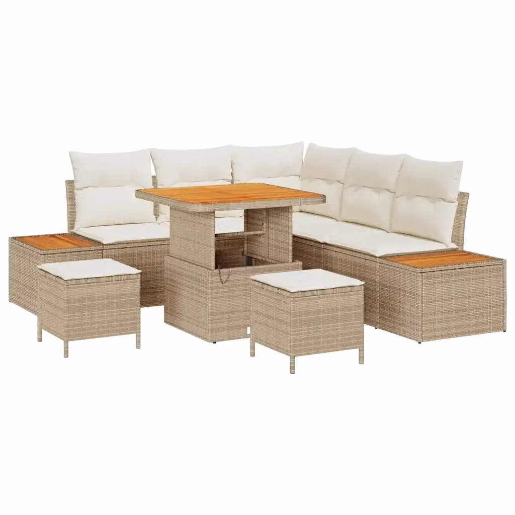 Set Divano da Giardino vidaXL 8 Pezzi con Cuscini Beige in Polyrattan e Acciaio con Tavolino e Ottoman – 2