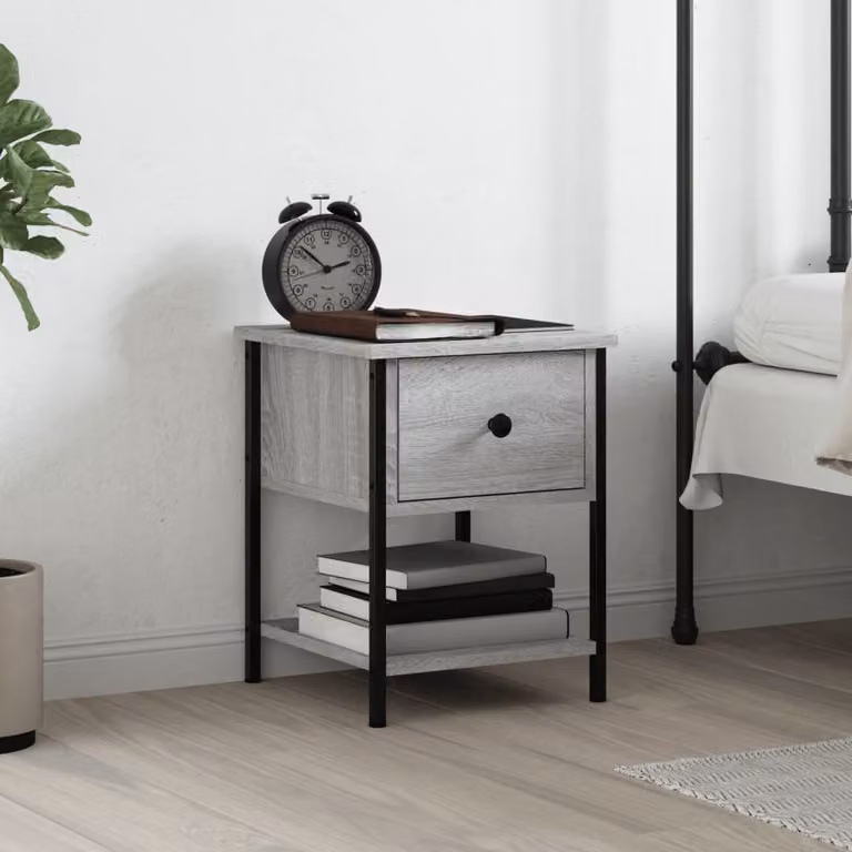 Comodino vidaXL in legno multistrato e metallo, Grigio Sonoma, L 34 cm x P 35,5 cm x H 45 cm